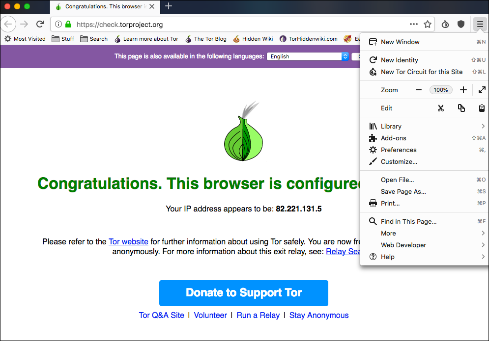 The Tor browser's Configuration (hamburger) menu