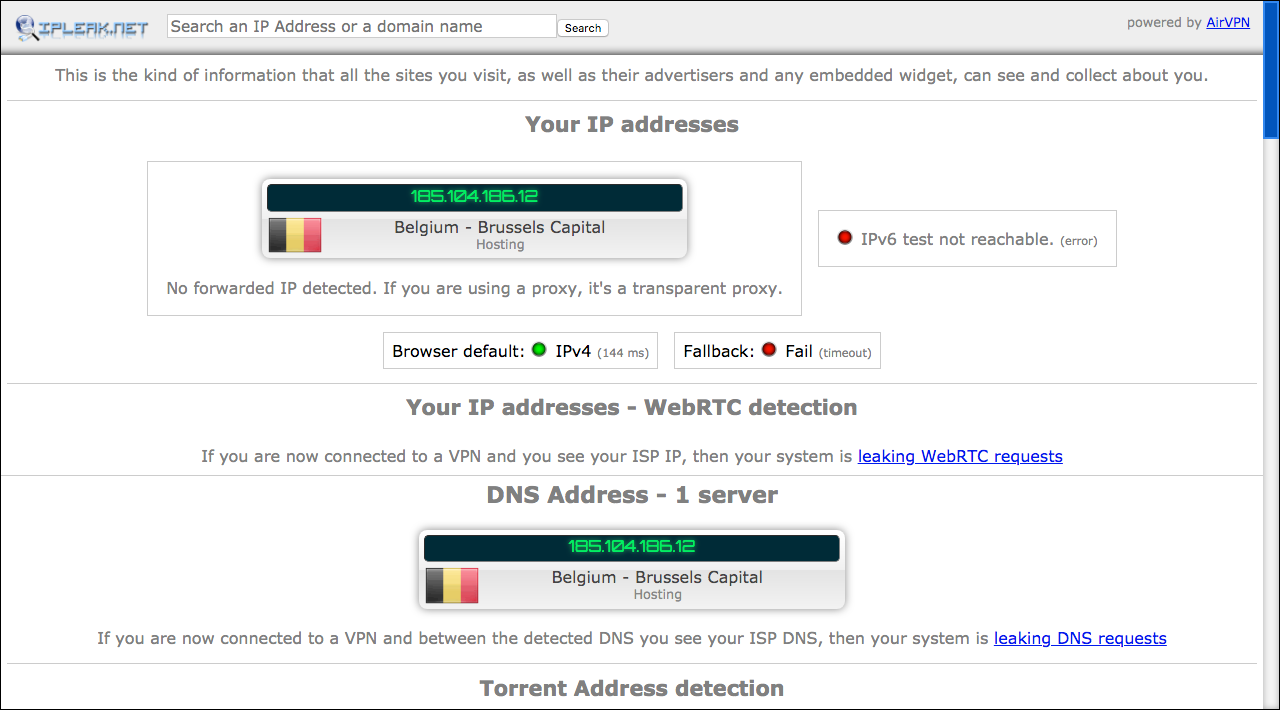 IP test info from IPLeak.net (Air VPN)