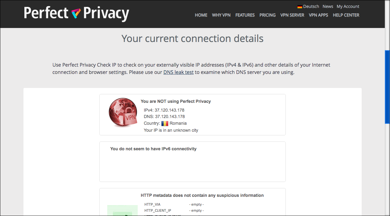 IP connection info from Perfect Privacy