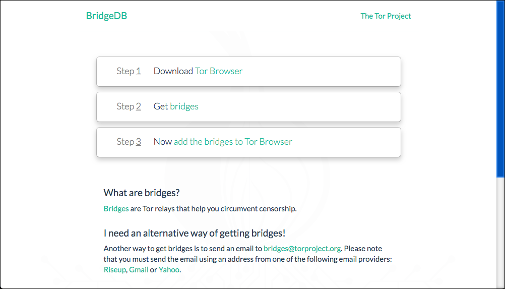 The Tor project's bridge integration page