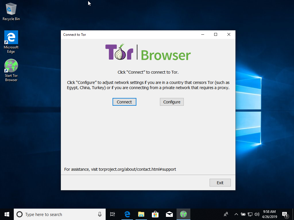 Connect to Tor dialog for tor browser on Windows