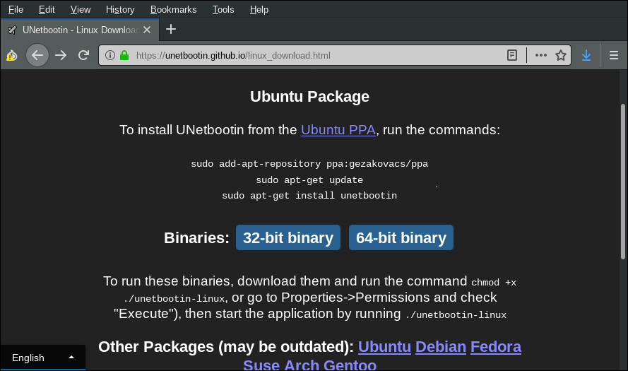Downloading unetbootin from its web site